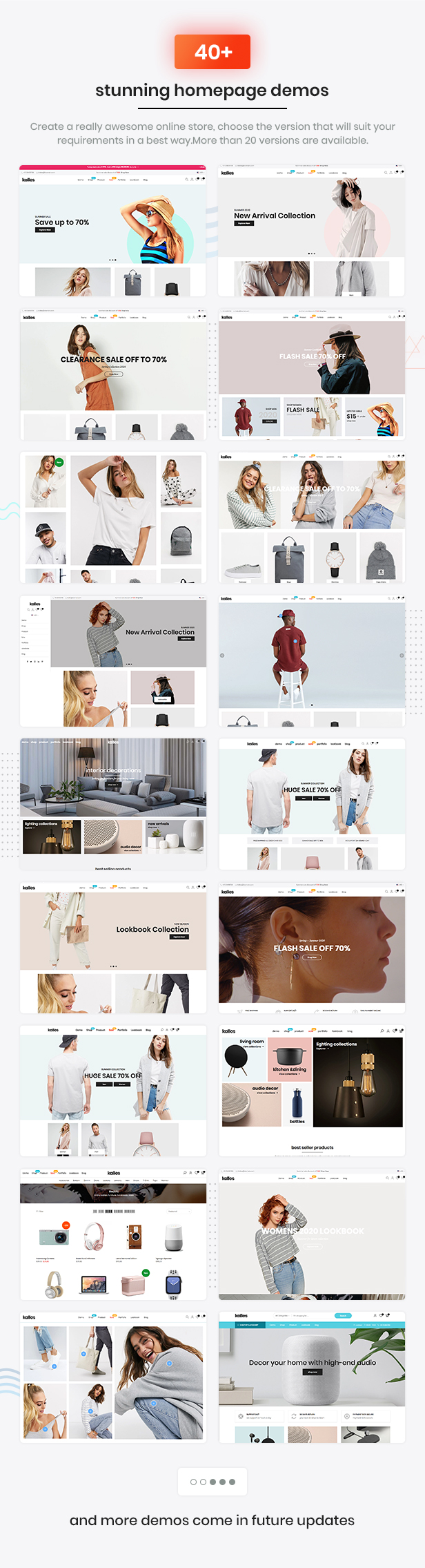 Kalles supported 20+ awesome demos, the best eCommerce HTML template